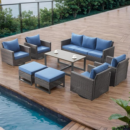 Rilyson Wicker Outdoor Patio Furniture Set - 8 Piece Patio Conversation Set with 4 Swivel Rocker Chairs,2 Rattan Ottoman,1 Couch and 1 Metal Coffee Table for Outside Porch Deck Backyard(Brown/Blue)