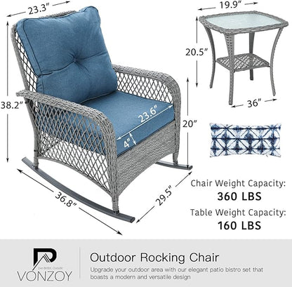 Patio Furniture Set 3 Pieces, Wicker Rocking Bistro Set with Thick Cushions, Outdoor Rocker Chairs and Coffee Table for Porch, Backyard or Garden (Blue)