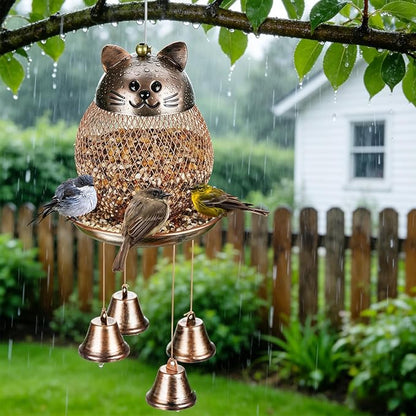 LBTING Bird Feeder for Outside, Cute Cat-Shaped Wind Chimes Bird Feeder, Metal Wild Bird Feeder Decoration for Hanging Outdoor Garden Yard