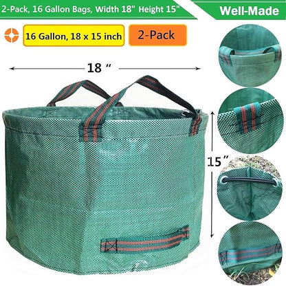 Standard 2-Pack 16 Gallon Yard Lawn Garden Bags (D18, H15 inch) w/Gardening Gloves for Yard Waste Bags,Patio Debris Container,Camping Trash Bin,Recycling Bag,Laundry Bin,Lawn Weeds,Leaf Bag 4 handles