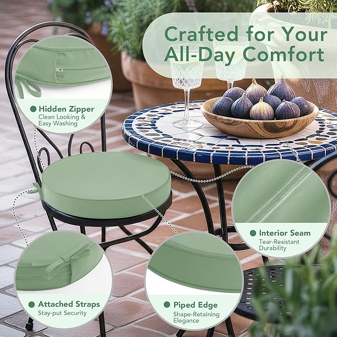 Summsun Outdoor Bistro Chair Cushions Set of 4, 15" D x 3" H Round Chair Cushions Waterproof and Fade Resistant Chair Cushion Pads with Non-Slip Ties and Removable Covers for Garden, Sage Green