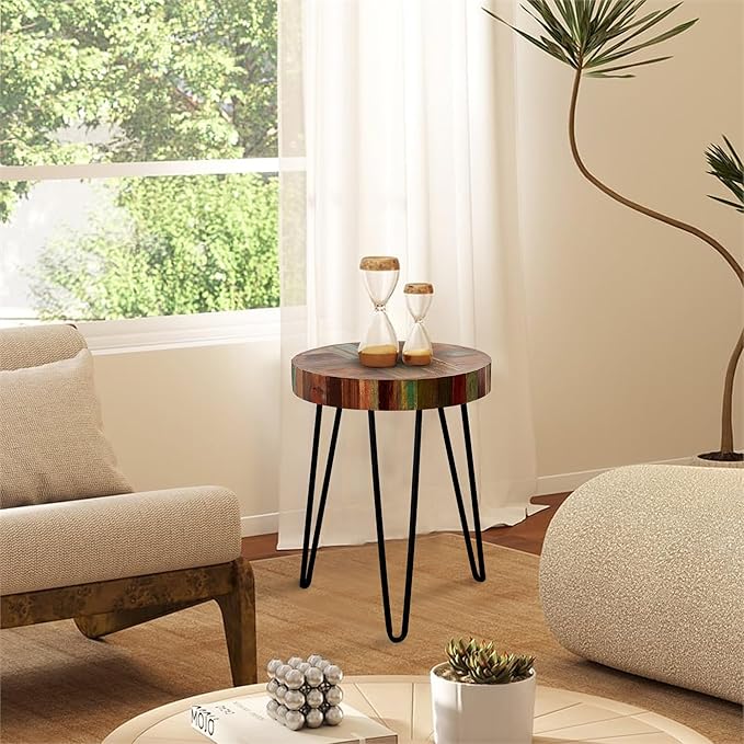 Wood Multi Color Side Table 16" x 16" x 21.5" H Farmhouse Reclaimed Wooden Coffee Tables Round Vintage Accent Rustic Plant Stand Outdoor Patio End Tables for Living Room Bedroom