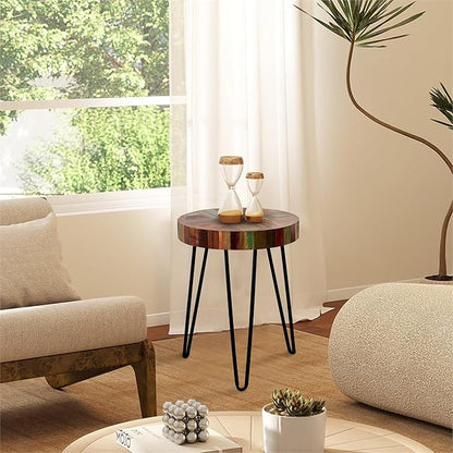 Wood Multi Color Side Table 16" x 16" x 21.5" H Farmhouse Reclaimed Wooden Coffee Tables Round Vintage Accent Rustic Plant Stand Outdoor Patio End Tables for Living Room Bedroom