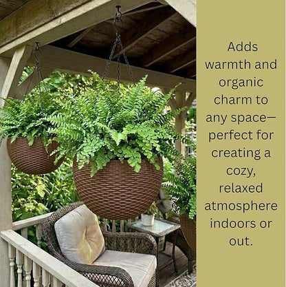LaLaGreen Hanging Planters for Indoor Plants (11 Inch, 2 Pack) Brown Rattan Style Self-Watering Hanging Flower Pots with Water Level Indicator, Large Plastic Baskets Balcony Porch Home Outdoor Decor
