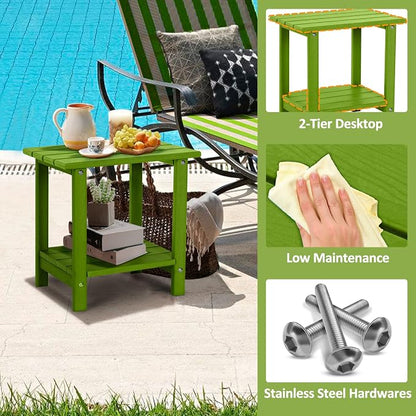 Adirondack Outdoor Side Table with Wood-Like Grain, 16.6" Small Patio End Table, 2-Tier HDPE Plastic Table for Poolside Porch Garden, Weather Resistant & Easy Assembly (Lime, Rectangle)
