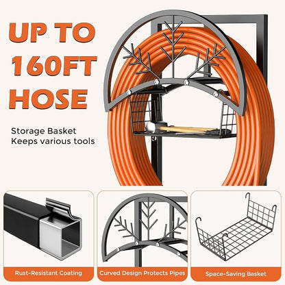 Heavy Duty Garden Hose Holder with Storage Basket, Holds Up to 160FT Hose, Freestanding Metal Water Hose Organizer with 4 Anchor Spikes, for Outdoor Yard Lawn Patio