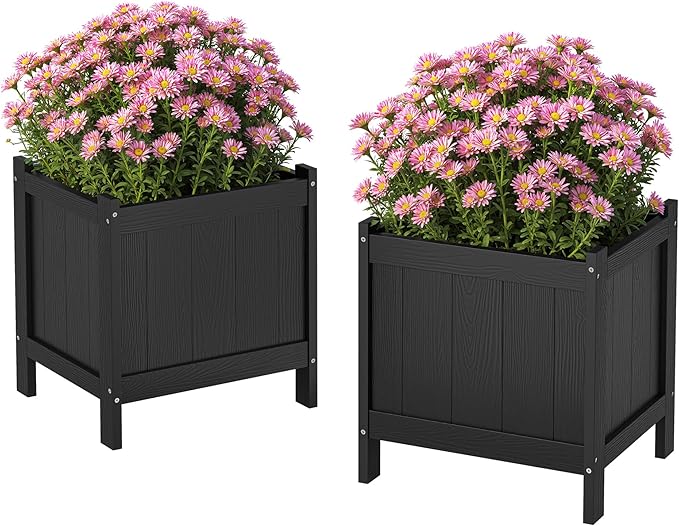 LUE BONA Outdoor Plant Pots Set of 2, 13.7" x 12.5" x 14.5" HDPS Flower Pots with Drainage Holes, Outdoor Planter Box for Outdoor Plants - Porch Patio, Garden or Entryway, Black