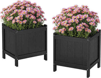 LUE BONA Outdoor Plant Pots Set of 2, 13.7" x 12.5" x 14.5" HDPS Flower Pots with Drainage Holes, Outdoor Planter Box for Outdoor Plants - Porch Patio, Garden or Entryway, Black