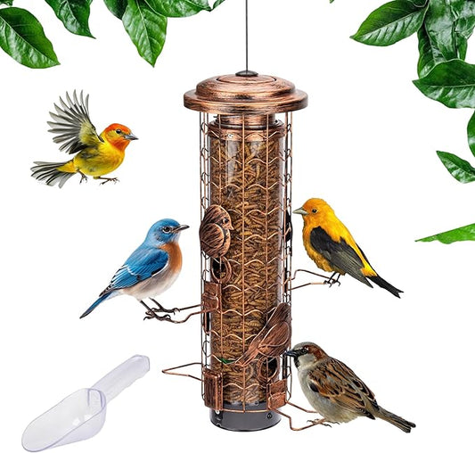 Squirrel-Proof Bird Feeders for Outdoors Feeds Mealworms and Seeds - Large 3-Pound Capacity, Weather-Resistant Hanging Tube for Birds Includes Seed Scoop, 4 Hook-Shaped Perches, Anti-Squirrel Weights