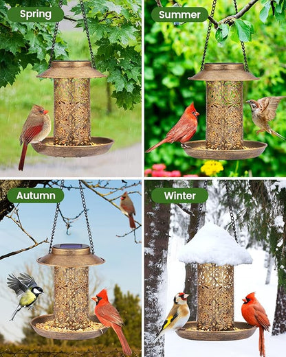 SWEETFULL Solar Bird Feeder for Outdoors Hanging, Metal Wild Bird Feeder for Cardinals Solar Garden Lantern with S Hook as Gift for Bird Lovers (2LBs Heavy Duty birdfeeders)