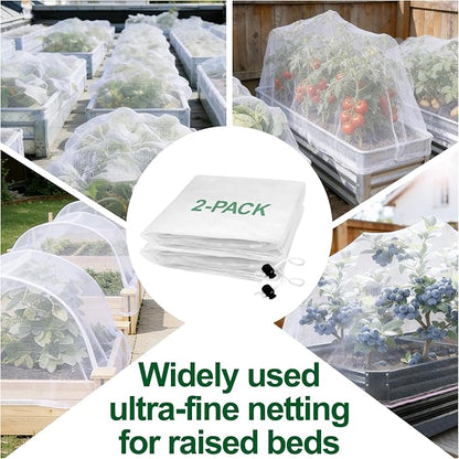 2 Pack Garden Netting for 4x2x1ft Raised Beds, Ultra-Fine Mesh Plant Covers with Drawstring, Bird, Pest & Small Animal Barrier for Vegetables, Fruits & Flowers