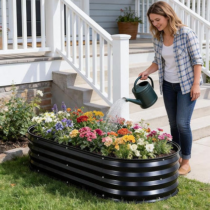 STBoo Galvanized Raised Garden Bed Outdoor, 2Pcs 4x2x1ft Oval Planter Box with Rubber Strip,Metal Raised Bed Kit for Vegetables Flowers Herbs, Grey