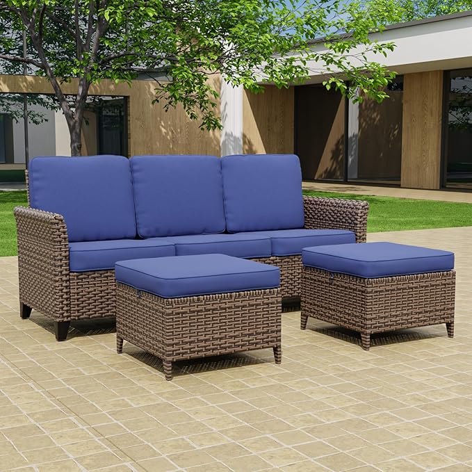 Canyon Ridge Wicker Patio Sofa with 2 Ottomans, Small Balcony Furniture, Outdoor Furniture Set, 3 Seat Couch, Brown/Blue