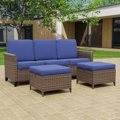 Canyon Ridge Wicker Patio Sofa with 2 Ottomans, Small Balcony Furniture, Outdoor Furniture Set, 3 Seat Couch, Brown/Blue