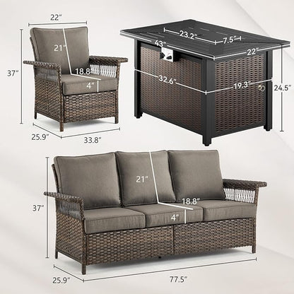 Patio Furniture Set with Fire Pit Table, 4PCS Patio Conversation Set Brown Resin Wicker Patio Chair and Sofa with 43in Rectangular Iron Firepit Table PE Rattan Patio Furniture Set
