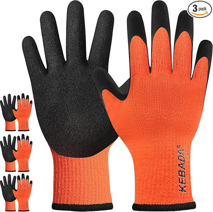 Kebada T3 Winter Work Gloves for Men and Women, Warm Knit Cold Weather Work Gloves, Thermal Insulated Freezer Gloves, 100% Latex Coating Non-slip Grip, Long Wrist Design, 3 Pairs, Orange, X-Large