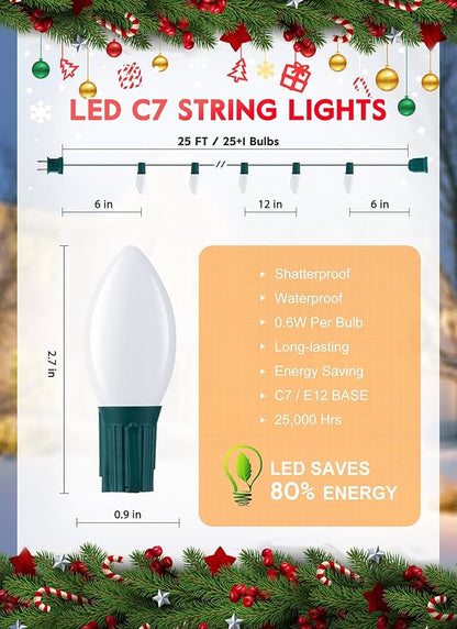 Brightown C7 Pure White LED Christmas Lights, 25Ft Vintage String Lights with 25+1 Plastic Bulbs, E12 Candelabra Base, Outdoor Retro Style Hanging Lights for Xmas Patio Fence Roofline Holiday