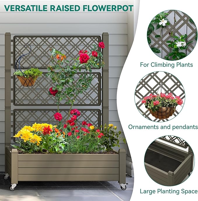 YITAHOME 43.3x17.7x61 in Planter Boxes Outdoor with Trellis, Resin Raised Garden Bed with Wheels & Drain Plug for Climbing Plants, Weather-Resistant Design Elevated Garden Bed with Trellis, Brown
