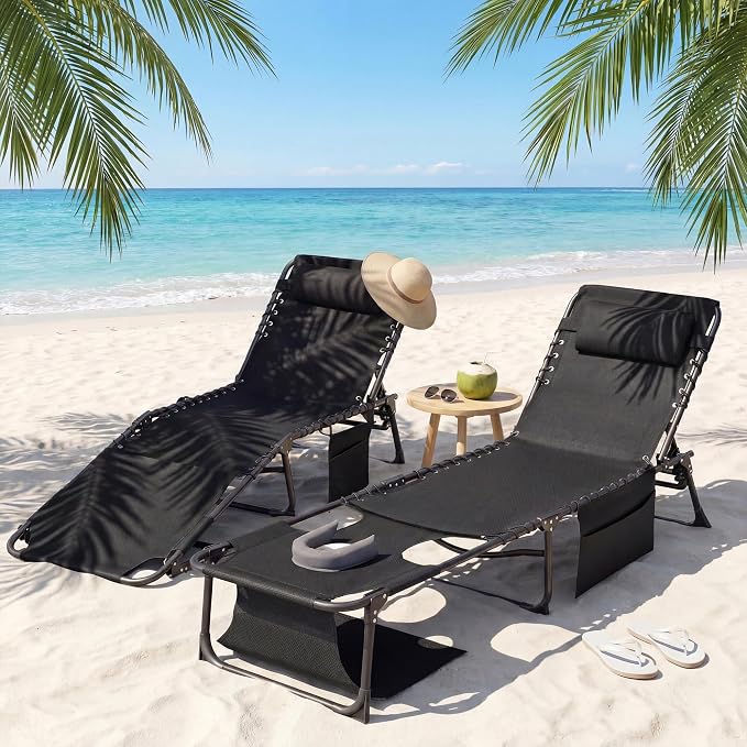 Flamaker Oversize Face Down Chaise Lounge Chair, 27 Inch Wide Foldable Outdoor Patio Chair, 5-Position Adjustable Tanning Chair with Face& Arm Holes for Sunbathing, Pool, Beach, Lawn (Black, 1 Pcs)