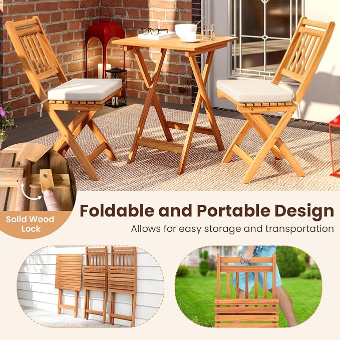 KOTEK Outdoor Folding Bistro Set, 3 Pieces Acacia Wood Bistro Set with Soft Cushions, Patio Bistro Table and Chairs for Backyard, Porch, Poolside (Vertical Slats)