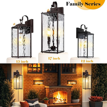 Dusk to Dawn Outdoor Light Fixtures Oil Rubbed Bronze 2-Pack, Water Ripple Glass Vintage Brown Exterior Lantern Lights with Photocell Sensor IP65 Waterproof Coach Carriage Lights, E26
