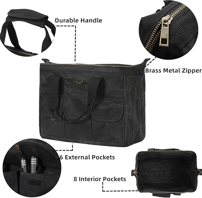 Heavy-Duty 16oz Waxed Canvas Tool Tote with Zipper, Multi-Purpose Organizer Tool Bag with 15 Pockets | 15"L X 7.8"W X 11.5"H