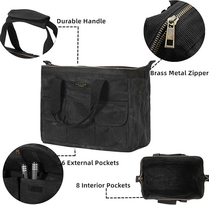 Heavy-Duty 16oz Waxed Canvas Tool Tote with Zipper, Multi-Purpose Organizer Tool Bag with 15 Pockets | 15"L X 7.8"W X 11.5"H
