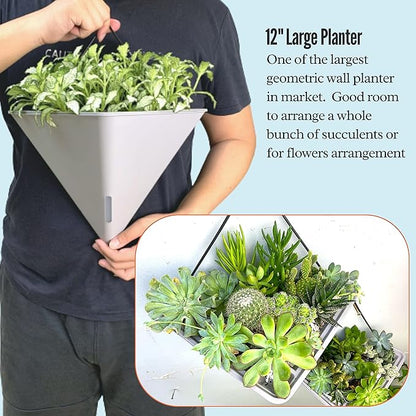 LaLaGreen Wall Planters - 4 Pack, 12 Inch Large Self Watering White and Gray Mixed Color Geometric Indoor Vertical Garden Plant Wall Hanging Flower Vase Vessel with Black Metal Hanger Modern Stylish