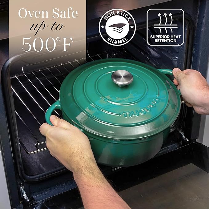 Cast Iron Dutch Oven with Lid - Non-Stick Ovenproof Enamelled Casserole Pot- Sturdy Dutch Oven Cookware - Dark Green, 7.3-Quart, 30cm - by Nuovva