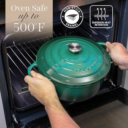 Cast Iron Dutch Oven with Lid - Non-Stick Ovenproof Enamelled Casserole Pot- Sturdy Dutch Oven Cookware - Dark Green, 7.3-Quart, 30cm - by Nuovva