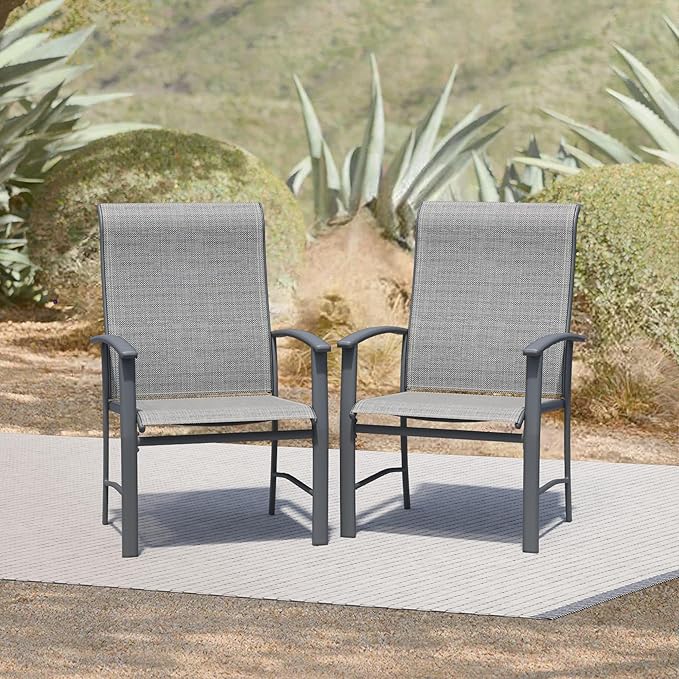 Patio Dining Chairs Set of 2, Outdoor Dining Chairs with High Back, Metal Outdoor Chair Set with Comfort and Durability, Patio Chair for Deck Lawn Kitchen Garden Backyard, Grey