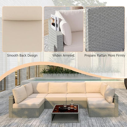 Patio Furniture Set 7-Piece, All-Weather Outdoor Conversation Set Sectional Sofa with Water Resistant Grey Thick Cushions and Coffee Table（Khaki）