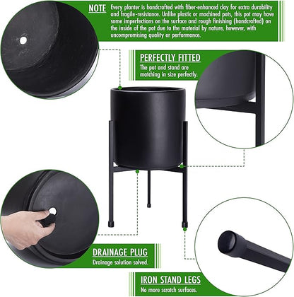 D'vine Dev Modern Black Plants Pot Cylinder Planter with Heavy Duty Stand, Small 8 Inch Pot, 12.6 Inch with Stand Height, 96-T-B-1