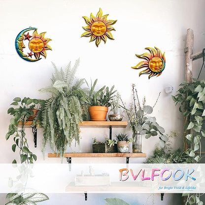 Home Wall Decor Living Room of Glass Sunface, Home Decor Wall Hanging Decor Metal Wall Art, Wall Decorations Boho Wall Decor, Garden Decor Farmhouse Decor Outdoor Decor for Patio, 3 Sets 9 inch Large