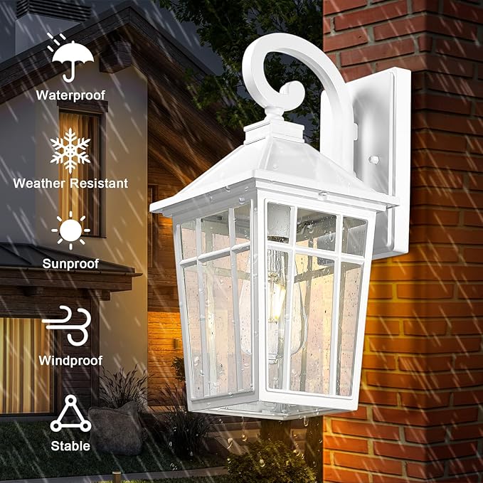 Darkaway Outdoor Wall Lights for House, Exterior Lighting Fixtures Wall Mount Outdoor Porch Lights Waterproof White Outdoor Sconce Lights with Seeded Glass for Patio Hallway Garage,2 Pack
