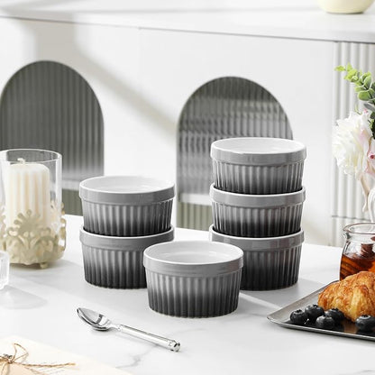 MALACASA Ramekins 8 oz Oven Safe, Large Ceramic Souffle Dishes for Baking & Serving, Stoneware Custard Cups Ramekin for Creme Brulee, Baking Bowls Set of 6, Grey, Series RAMEKIN-DISH
