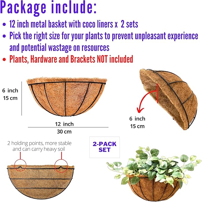 LaLaGreen Wall Hanging Planters, 2 Pack, 12 Inch Wall Mounted Flower Baskets with Coco Liner, Metal Iron Wire Plant Holder for Outdoor Window Box Herb Outside Fence Railing Deck Porch Balcony Garden