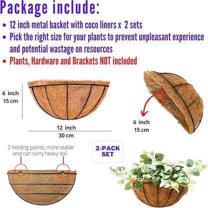 LaLaGreen Wall Hanging Planters, 2 Pack, 12 Inch Wall Mounted Flower Baskets with Coco Liner, Metal Iron Wire Plant Holder for Outdoor Window Box Herb Outside Fence Railing Deck Porch Balcony Garden