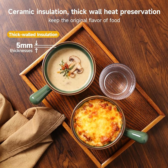 MONITO 26 Oz French Onion Soup Bowls, Ceramic Soup Bowls with Handles, Stackable Soup Crocks, Oven/Microwave/Dishwasher Safe, for Cereal, Soups, Casseroles, Forest Green
