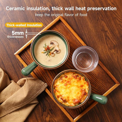 MONITO 26 Oz French Onion Soup Bowls, Ceramic Soup Bowls with Handles, Stackable Soup Crocks, Oven/Microwave/Dishwasher Safe, for Cereal, Soups, Casseroles, Forest Green