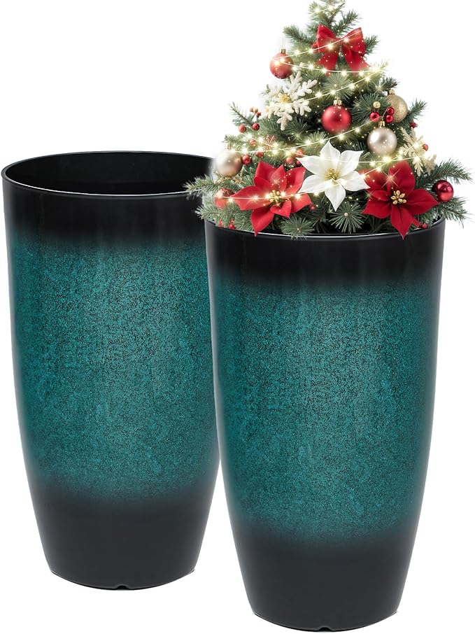24" Tall Outdoor Planters Set of 2, Large Planters for Outdoor Plants, Art Faux Ceramic Plastic Flower Pots, Weather-Resistant for Porch, Garden, Patio or Indoor Decor, Ideal