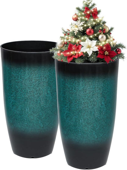 24" Tall Outdoor Planters Set of 2, Large Planters for Outdoor Plants, Art Faux Ceramic Plastic Flower Pots, Weather-Resistant for Porch, Garden, Patio or Indoor Decor, Ideal