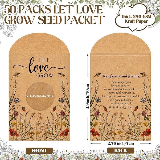Fumete 50 Pcs Let Love Grow Seed Packets Cool Wedding Favors for Guests Kraft Envelope Kraft Bag with Window Flower Resealable Seed Storage Packets for Wedding Party Favors Bridal Shower