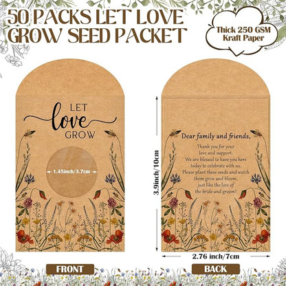 Fumete 50 Pcs Let Love Grow Seed Packets Cool Wedding Favors for Guests Kraft Envelope Kraft Bag with Window Flower Resealable Seed Storage Packets for Wedding Party Favors Bridal Shower