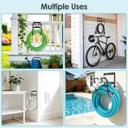 Hose Hanger Wall Mount, Metal Garden Hose Holder with Nozzle Groove for Outside Inside Water Hoses Extension Cords Air Lines, Black, 1 Pcs