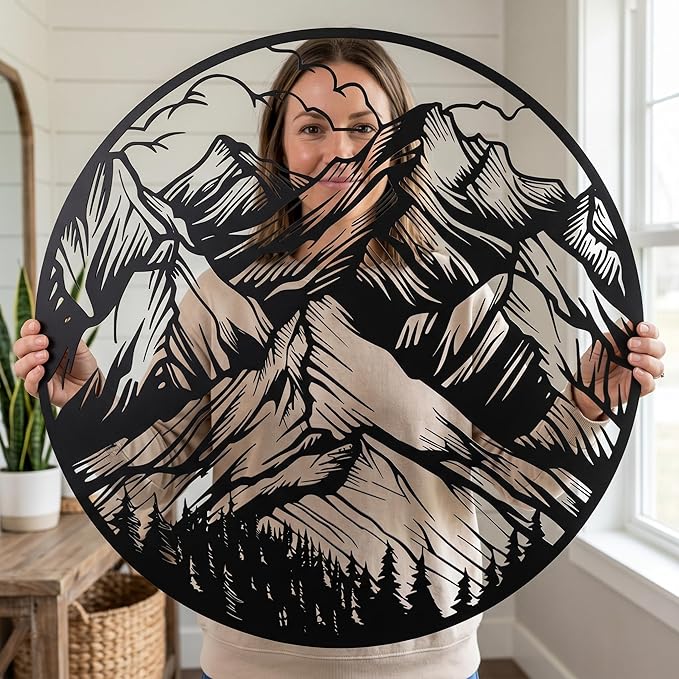 Metal Wall Decor | 35'' x 35'' x 0.05'' Mountains Themed Metal Wall Art | Handmade Indoor and Outdoor Wall Decorations