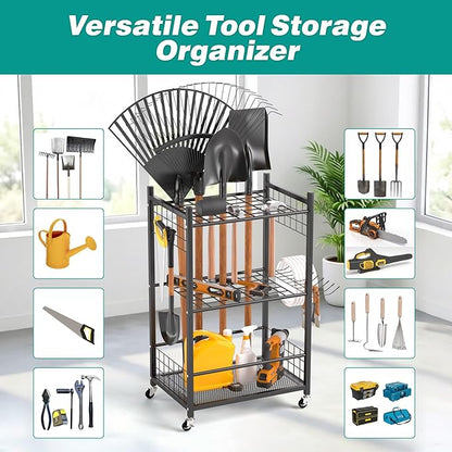 EVERHANGER Garden Tool Organizer, Garage Tool Storage Organization, Yard Tool Racks with lockable wheels, Fit for Long-Handled Tools, Indoor/Outdoor Use