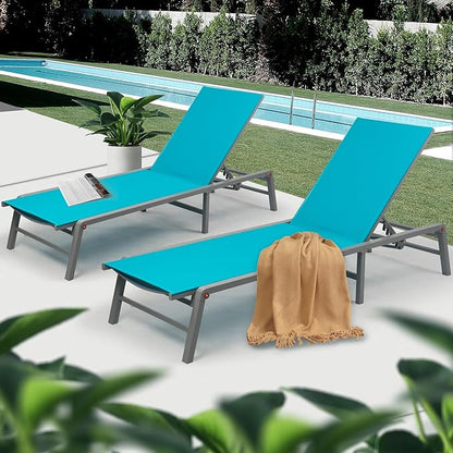 Kozyard 2 Packs Lounge Chair Outdoor Foldable Lounge Chair with 5 Adjustable Backrest Patio Lounger, Assemble-Free, Recliner and Full Flat Chairs for Patio Beach Pool (2 Aqua Textilence W/O Table)