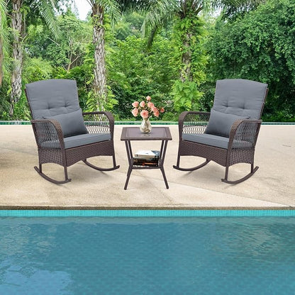 HAPPYGRILL 3 Pieces PE Rattan Rocking Bistro Set, Rocking Chairs with 2-Tier Coffee Table, Thick Pillows and Cushions, Outdoor Conversation Set for Porch, Garden and Poolside, (Gray)
