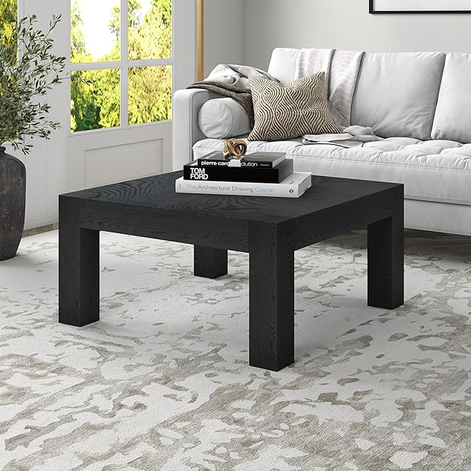 Henn&Hart 34" Square Coffee Table with Wood Top for Living Room, Family Room, Office, or Apartment, Black Grain